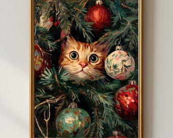 Funny Cat Christmas Wall Art Print, Cute Holiday Cat in Tree with Ornaments, Festive Pet Lover Decor, Whimsical Winter Artwork