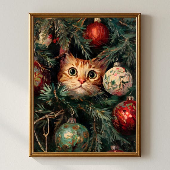 Funny Cat Christmas Wall Art Print, Cute Holiday Cat in Tree with Ornaments, Festive Pet Lover Decor, Whimsical Winter Artwork