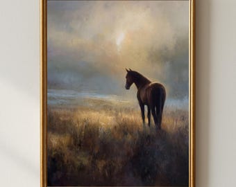 Rustieke muurkunst paard | Humeurig paard staat in een mistig open veld | Paardensport boerderij landschap afdrukbare digitale download decor