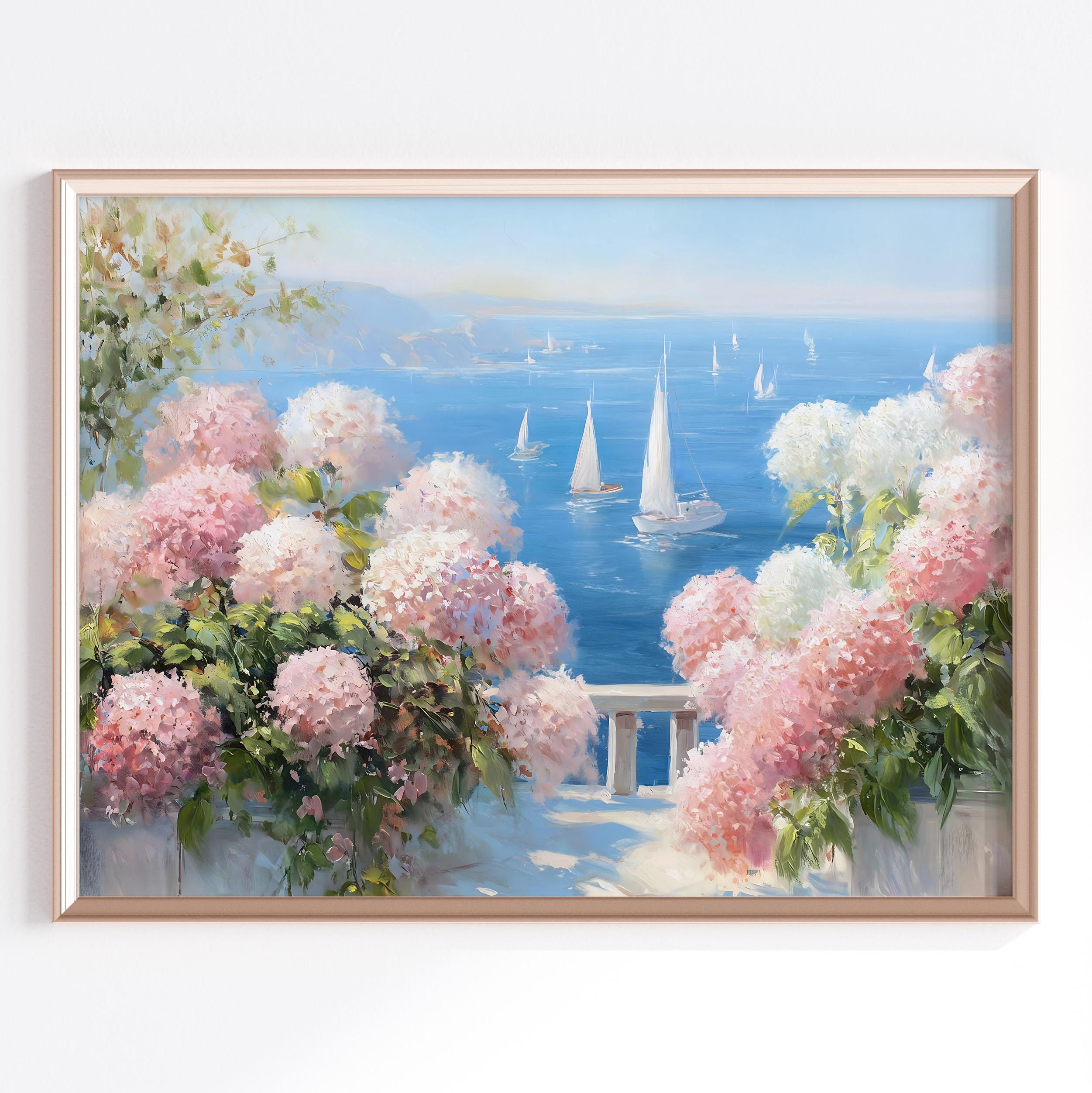 Hydrangea Coastal Print, Sailboats on Blue Ocean, Summer Landscape