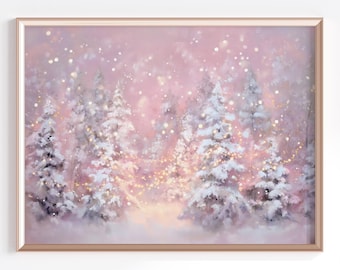 Whimsical Christmas Wall Art | Pink Winter Forest with Snow Covered Trees and Sparkling Lights | Pastel Holiday Digital Download Decor