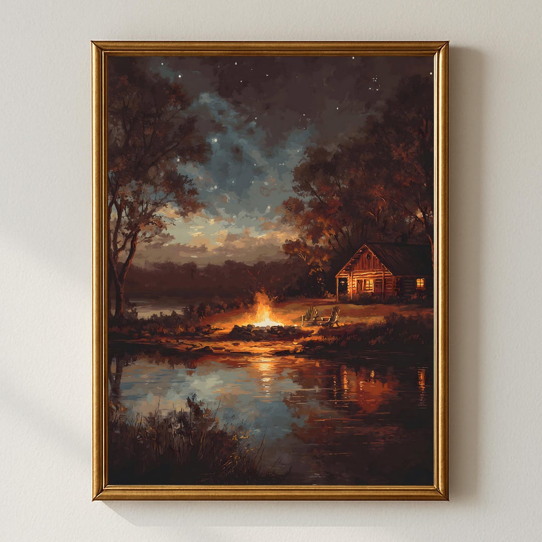 Cabin & Campfire Lake Landscape Art Print, Rustic Lodge Wall Decor - Etsy