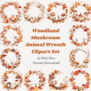 Ensemble de cliparts de couronne d'animaux champignons des bois | Ensemble PNG Forêt d'automne | Illustrations d'animaux mignons pour le scrapbooking et les invitations