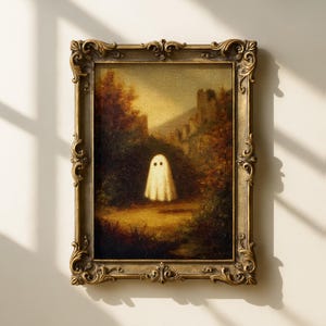 Vintage Cute Ghost Print, Digital Halloween Wall Art, Spooky Autumn Decor, Printable Ghost Painting, Rustic Cottagecore Home Decor