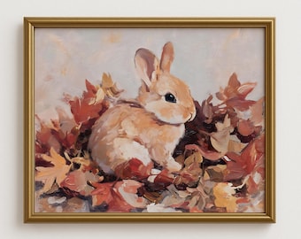 Autumn Bunny Print, Cottagecore Fall Leaves, Nursery Wall Art (Digital Download)