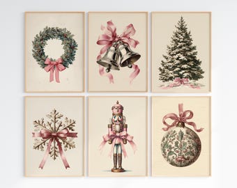 6 Vintage Pink Christmas Wall Art Set, Nursery Holiday Printable Decor, Elegant Christmas Wreath Tree Bells Ornament Nutcracker Snowflake