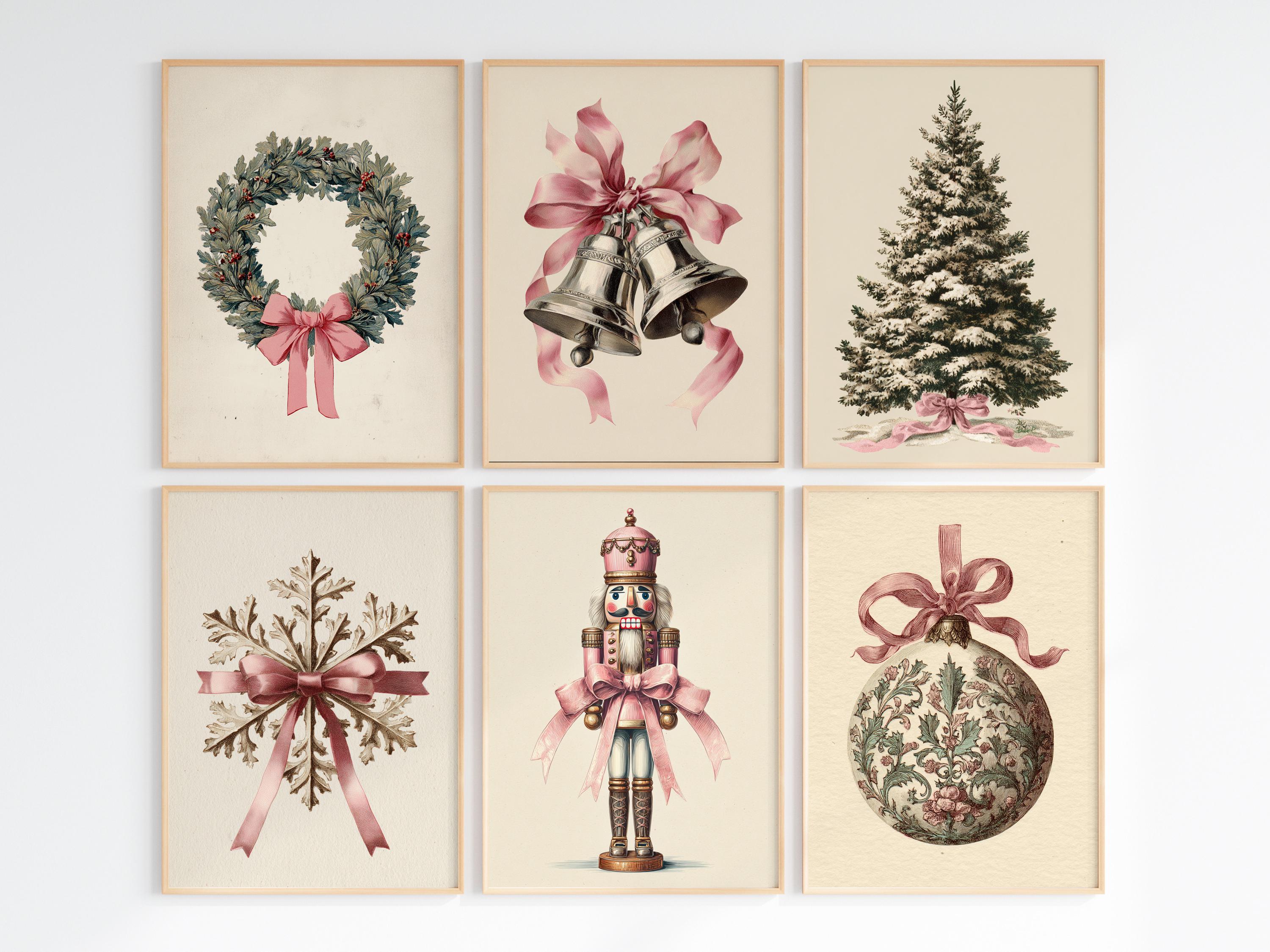6 Vintage Pink Christmas Wall Art Set, Nursery Holiday Printable Decor