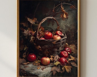 Farmhouse Autumn Kitchen Wall Art | Basket of Apples with Rustic Autumn Leaves | Cozy Harvest Fall Printable Digital Download Decor