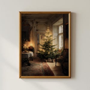 Arte de pared navideño rústico / Habitación vintage con árbol de Navidad decorado y regalos / Acogedora casa de campo invernal navideña (imprimible, descarga digital)