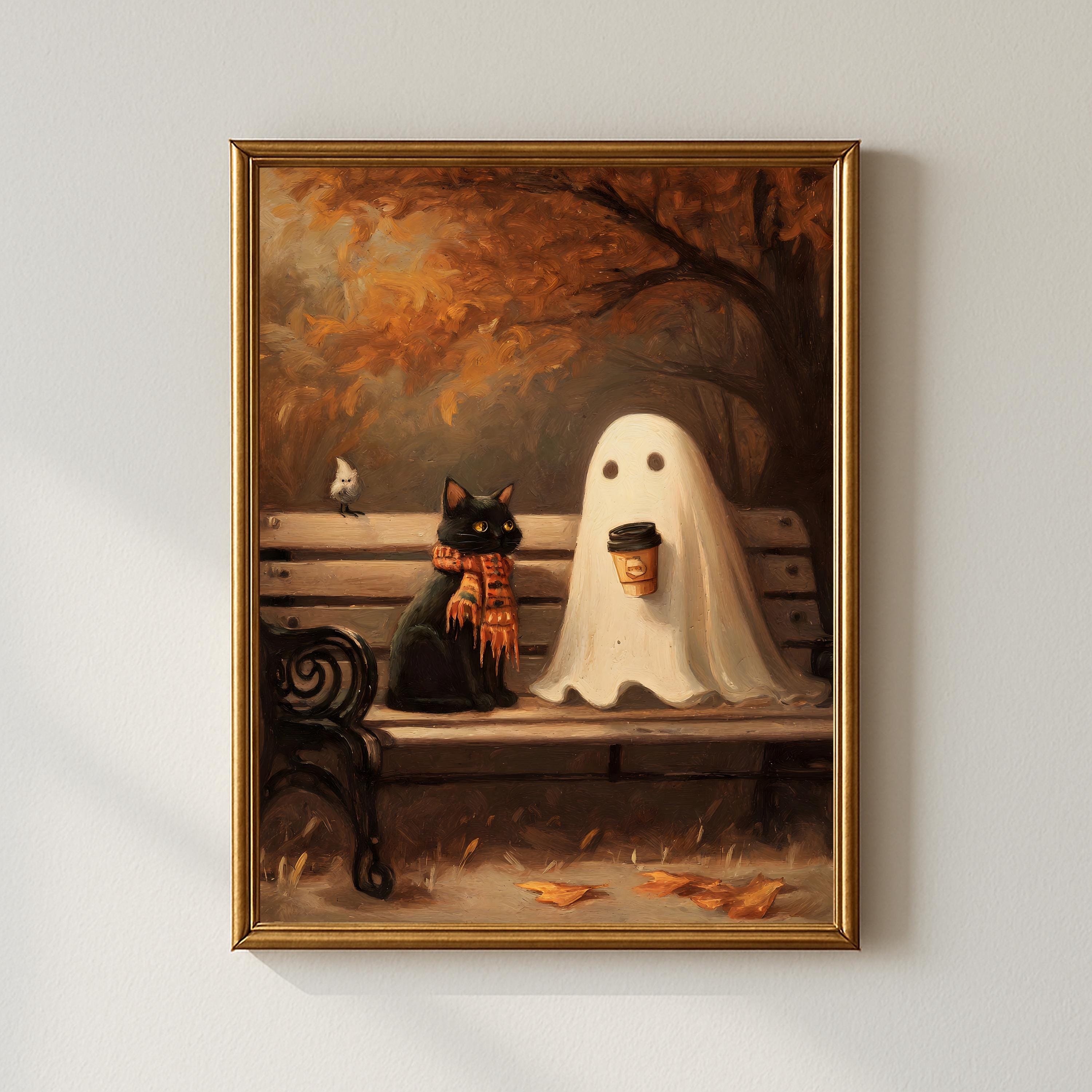 Cozy Halloween Ghost Wall Art | Ghost and Black Cat Drinking