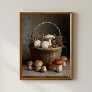 Rustic Mushroom Basket Wall Art | Vintage Foraging Still Life Painting with Woodland Fungi | Cottagecore Kitchen Printable Digital Download