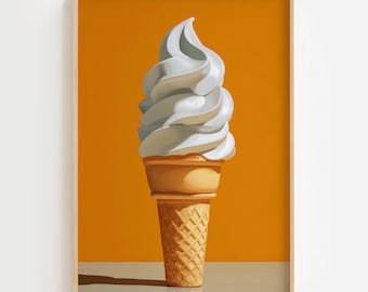 Impresión minimalista de cono de helado / Arte retro naranja para pared de cocina (descarga digital)