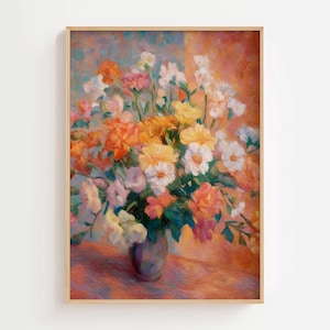 May include: A framed painting of a floral still life. The artwork depicts a colourful bouquet of flowers in shades of orange, yellow, pink, and white, arranged in a blue vase. The background has warm tones.