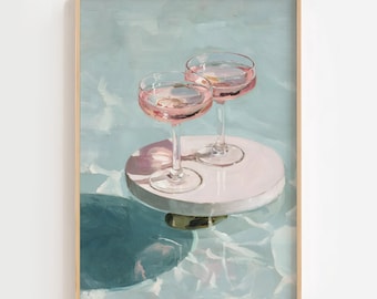 Pink Champagne Glasses Print | Summer Poolside Wall Art (Digital Download)