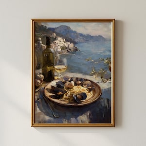 Italian Summer Print: Coastal Dining Scene, Mediterranean Wall Art (Digital Download)