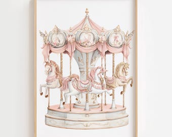 Pastel Watercolor Carousel Horse Print, Vintage Nursery Decor (Digital Download)
