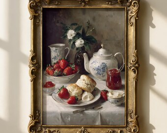 Vintage Tea Time Still Life Wall Art, Strawberry Jam and Scones