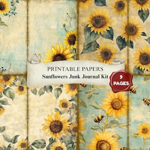Sunflowers Junk Journal Kit - Printable Ephemera Bundle | Vintage Floral Tags, Labels, Pockets