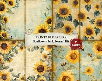Sunflowers Junk Journal Kit - Printable Ephemera Bundle | Vintage Floral Tags, Labels, Pockets
