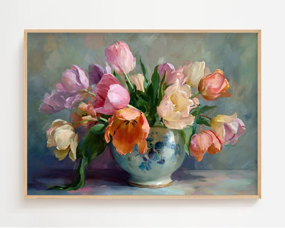 Tulip Bouquet Oil Painting | Pastel Floral Still Life Wall Art ...