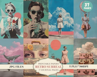 Könnte beinhalten: Eine Collage von Bildern im Vintage-Stil mit einem Retro-Surreal-Thema. Die Bilder zeigen Frauen, Wolken und Koffer. Der Text enthält "Printable Papers", "Retro Surreal", "37 Journal Pages" und "5.5x11" 300DPI".