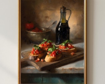 Italiaanse bruschetta stillevenkunstprint, rustiek keukendecor (digitale download)