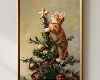 Cute Christmas Cat Wall Art Print, Ginger Kitten Decorating Tree with Star, Holiday Pet Lover Decor, Festive Winter Nursery Artwork