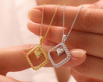 Unique Framed Heart Necklace, Dainty Love Pendant, Minimalist Romantic Jewelry, Christmas Gift for Her, Gifts for Girlfriend or Wife