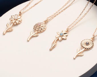 Personalized Sterling Silver Birth Flower Necklace, Birthstone Jewelry