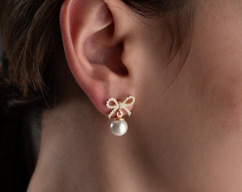 Sterling Silver Pearl Bow Dangle Earrings, Zircon Ribbon