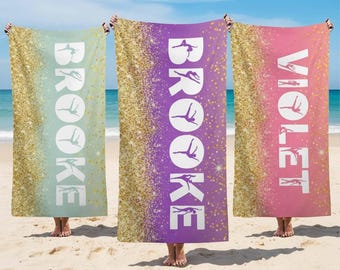 Toalla de playa personalizada con silueta de baile, toalla con silueta de nombre personalizada, toalla de playa con purpurina dorada, regalo de vacaciones personalizado con nombre