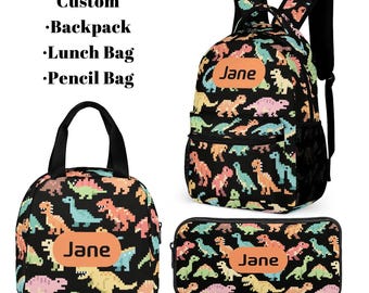 Customized Kid&#39;s School Bags, Personalized Dinosaur Bag Set with Name Backpack, Pencil Bag or Lunch Bag, Custom Backpack for School,Dinosaur