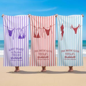 Custom Bachelorette Party Striped Beach Towel, Custom Bride Club Towel, Custom Text Bachelorette Towel, Bikini Print Bachelorette Towel