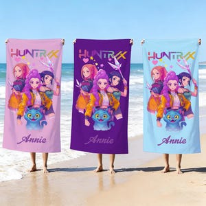 Custom Name Huntrix Theme Beach Towel, Custom K-Pop Demon Beach Towel, Kpop Demon Hunter Towel For Girls, Personalized Vacation Gifts