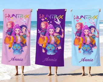Custom Name Huntrix Theme Beach Towel, Custom K-Pop Demon Beach Towel, Kpop Demon Hunter Towel For Girls, Personalized Vacation Gifts