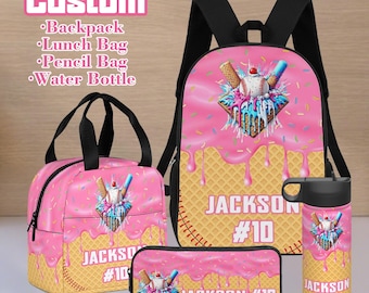 Custom Name and Number Ice Cream Drip Backpack, Lunch Bag, Pencil Bag, Water Bottle, Baseball Bag, Ice Cream Drip Bag Set, back to school