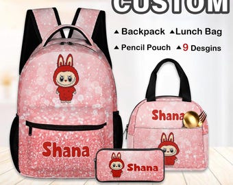 Custom Labubu Backpack for Kid, Lunch bag and pencil bag for kid, Personalized Backpack for Girl, Back to School Gift, Backpack for School