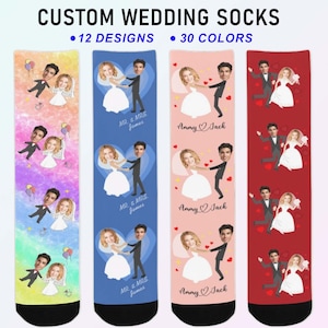 May include: Custom wedding socks in various colours and designs. The socks feature cartoon illustrations of a bride and groom. The text on the socks includes "MR. & MRS James" and "Ammy & Jack". The image also includes the text "12 DESIGNS" and "30 COLOURS".