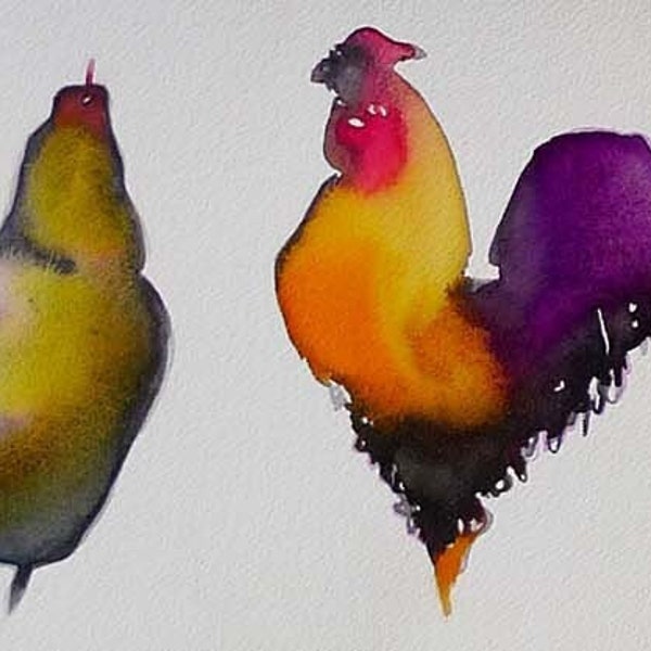 RHAPSODY CHICKENS 9 x40" print of watercolor painting of colorful chickens in bold dynamic design