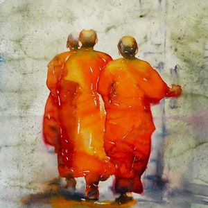 MONKS   PRINT of original watercolor of Buddhist monks entering scared dwelling in vibrant orange robes