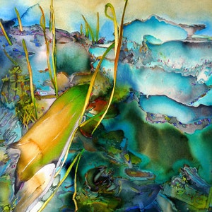 FOREST FLOOR aquarelle originale de beaux verts et bleus de paysage de perspective abstraite « échelle de fée » de la bûche forestière et du champignon