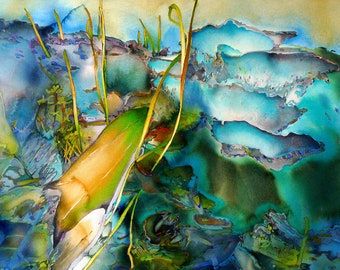 FOREST FLOOR original watercolor of beautiful greens and blues of landscape of abstracted "fairy scale" perspective of forest log and fungus