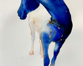 BLUE HORSE original watercolor of standing horse with a slight abstraction  in calm, pleasing watercolor painting