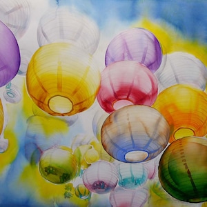 FLOATING CHINESE LANTERNS   30x40&quot; original watercolor painting of colorful Chinese lanterns with rainbow, colorful palette