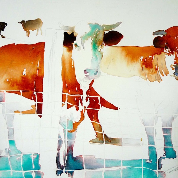 FRENCH COW PRINT on archival rag paper of colorful cows with sienna and turquoise in abstract patterning