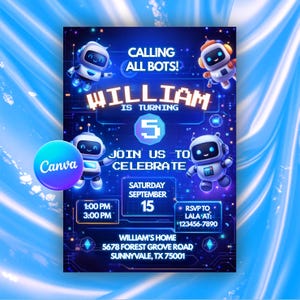 Editable Robot Birthday Invitation | Watercolor Kids Party Invite (5x7)