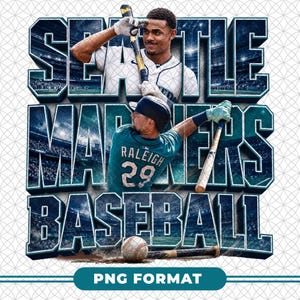 May include: A digital graphic featuring the words "SEATTLE MARINERS BASEBALL" in 3D lettering, with images of baseball players. The image includes a baseball and the text "PNG FORMAT" in a teal banner.