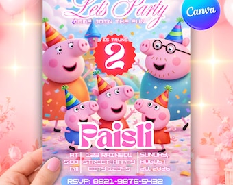 Bewerkbare Peppa Pig-verjaardagsuitnodiging, canvasjabloon, kinderfeestje Evite (digitale download)