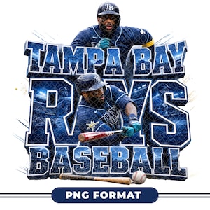 May include: A Tampa Bay Rays baseball graphic with two baseball players in navy blue uniforms. The text "TAMPA BAY RAYS BASEBALL" is in a 3D style. A baseball bat and ball are at the bottom, with "PNG FORMAT" in a navy blue banner.