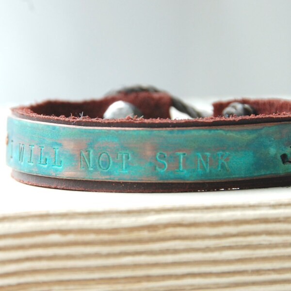 Motivational Bracelet Nautical Anchor Hand Pierced Copper On Leather With Antique Date Nail Closure